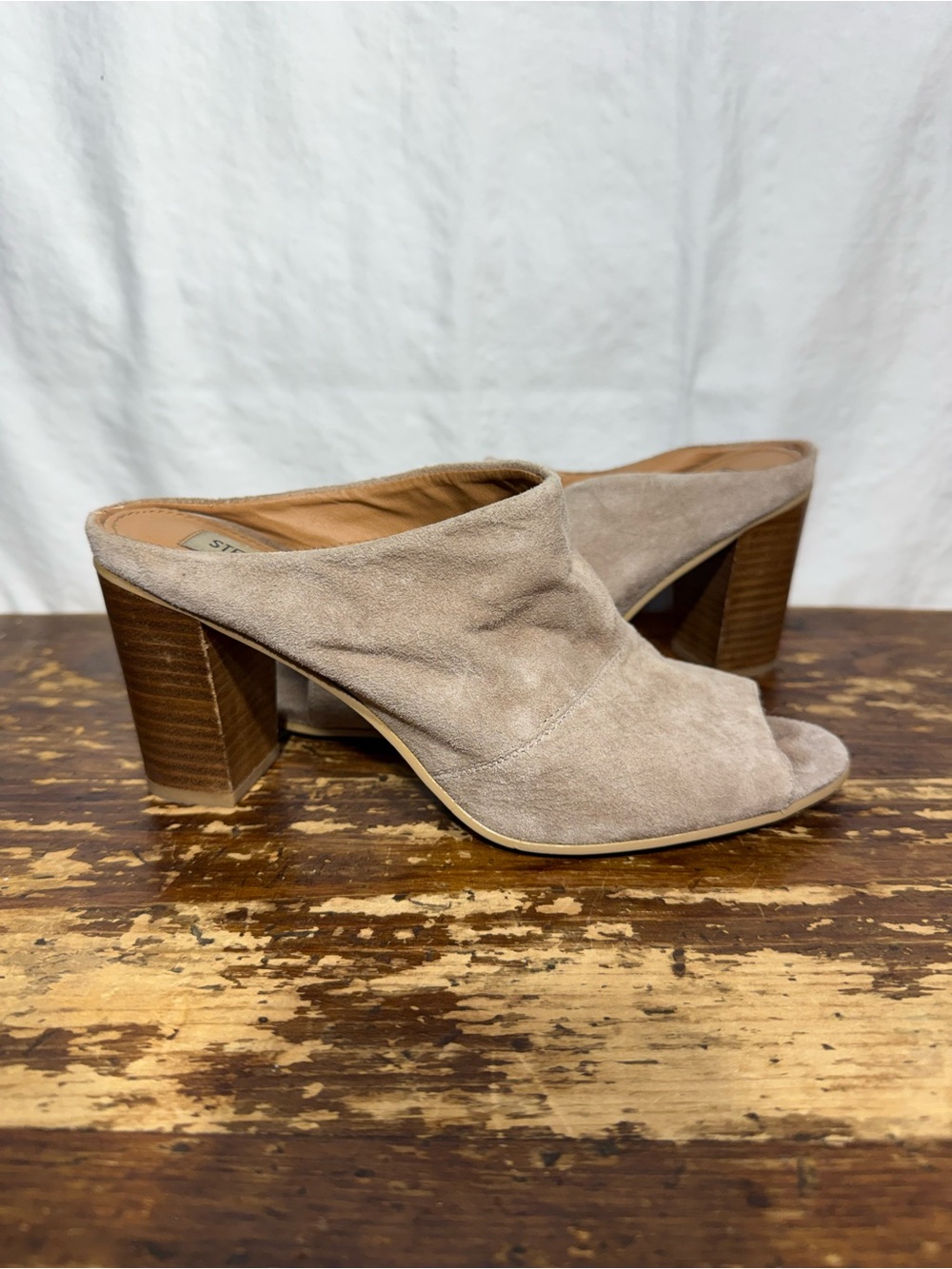 Steve Madden Taupe Suede Open-Toe Block Heel Mules